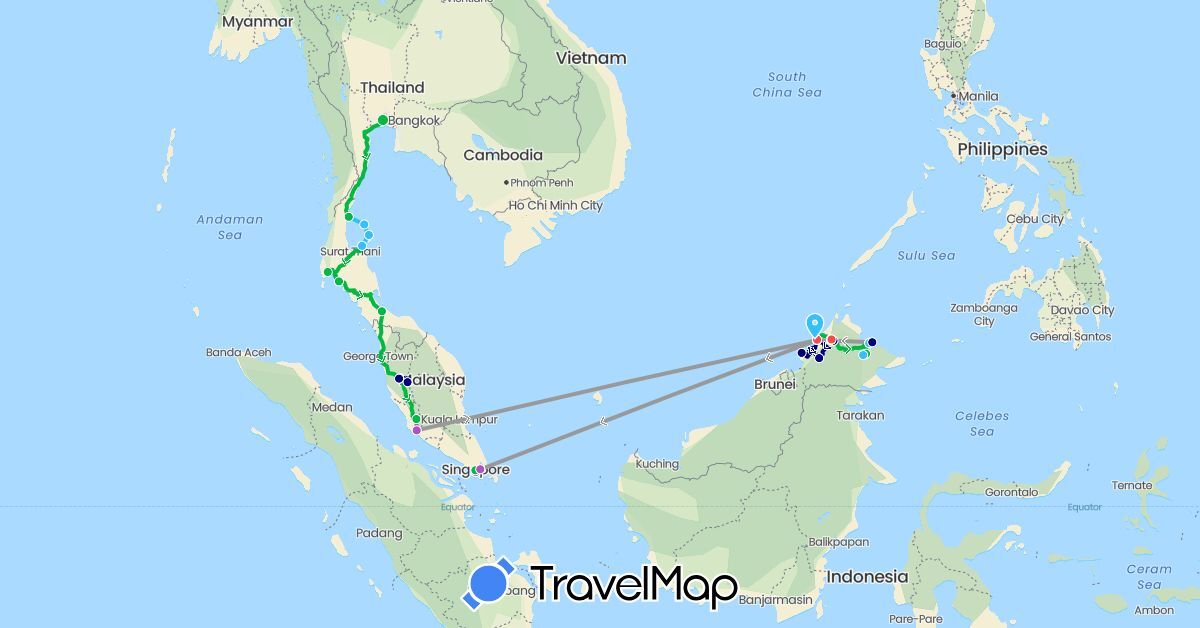 TravelMap itinerary: driving, bus, plane, train, hiking, boat in Malaysia, Singapore, Thailand (Asia)