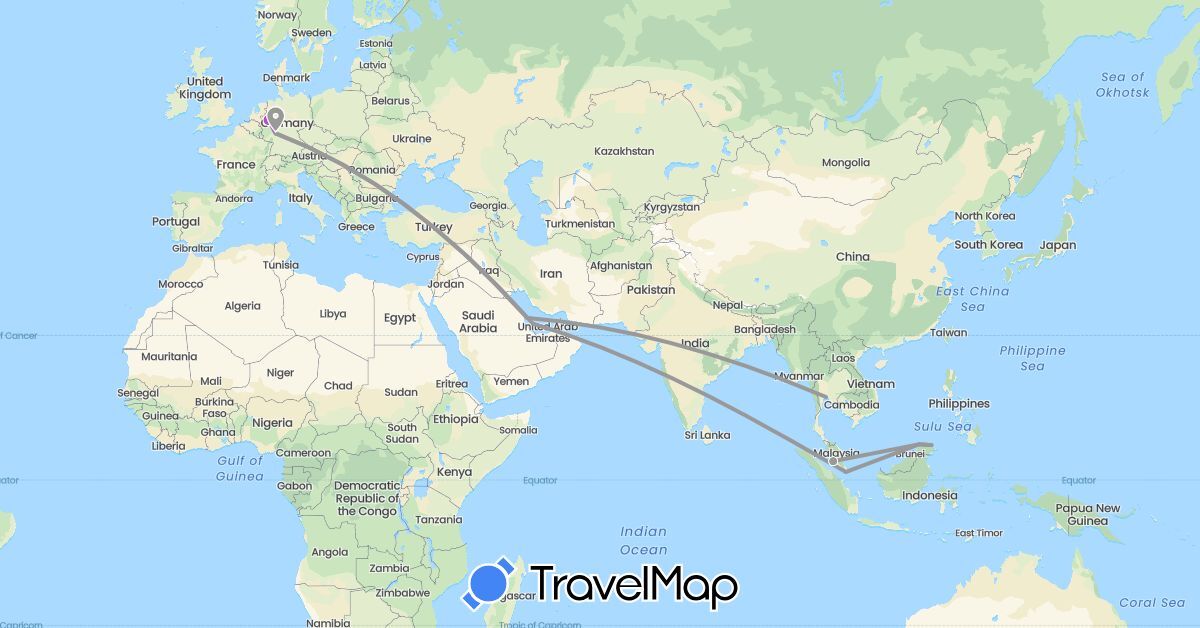 TravelMap itinerary: driving, plane, train in Bahrain, Germany, Malaysia, Qatar, Singapore, Thailand (Asia, Europe)